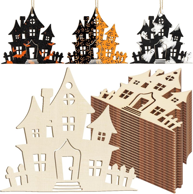 Sophena Wooden Halloween Ornaments to Paint Fall Decoration Cutouts Unfinished 24PCS 3.5 inches, DIY Blank Unfinished Wood Spider Web Ghost Skeleton Ornament for Home Harvest Crafts Hanging Autumn Decorations - Image 1